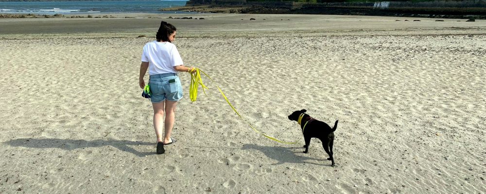 Sadie and Jack walking on empty Par Beach